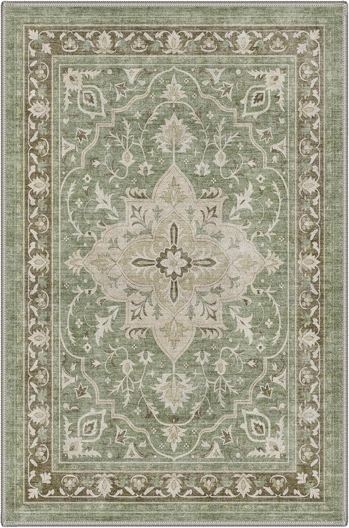 GENIMO 2x5 Runner Rug Non Slip Washable Low Pile, Floral Medallion Print Rug for Hallway Kitchen Bedroom Bathroom Laundry Room, Sage Green