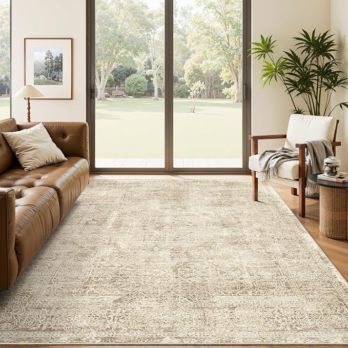 Soalmost 6x9 Area Rug for Living Room Floral Washable Non-Slip Modern Rugs for Bedroom Dinning Room Ultra-Thin Indoor Brown