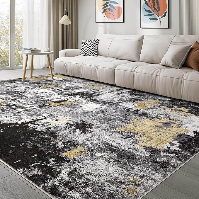 Abstract 12x14 Area Rug: Machine Washable Non Slip Ultra Thin Low-Pile Carpet, Soft Stain Resistant for Living Room Bedroom Office, Kid Pet Friendly, Robot Vacuum Compatible - Black Gold