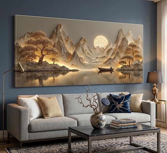 3D Texture Large Landscape Sunrises Sunset Canvas Wall Art Abstract Mountains Lake Tree Painting Picture Wall Decor Modern Nature Scenery Poster Print Artwork for Living Room Office Home Decoration