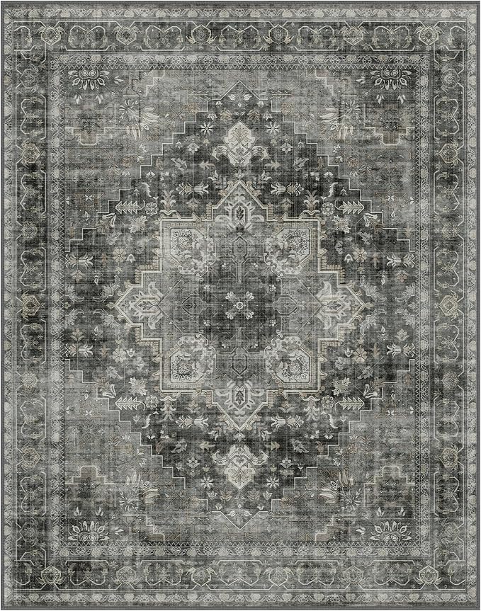 GENIMO 5x7 Area Rugs for Living Room, Machine Washable Non Slip Vintage Rugs, Low Pile Lightweight Print Rug for Bedroom, Dining Room, Home Office,Charcoal Gray