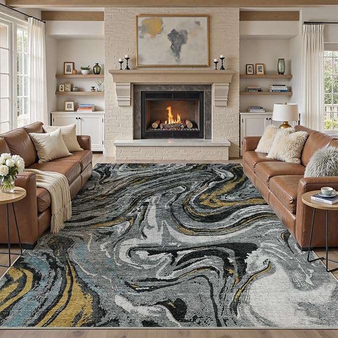 DMOYEST 7x9 Area Rug for Living Room - Washable Neutral Modern Abstract Rugs Soft Non-Slip Carpet Low Pile Indoor Floor Mat for Bedroom & Dining Room Decor for Families with Kids and Pet-Black Golden
