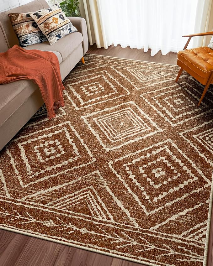 BESTSWEETIE Area Rug 4x6 Rug Machine Washable Non-Slip Low Pile Print Pattern Western Rug for Living Room Bedroom Entryway Tribal Series -Yellowbrown/Cream