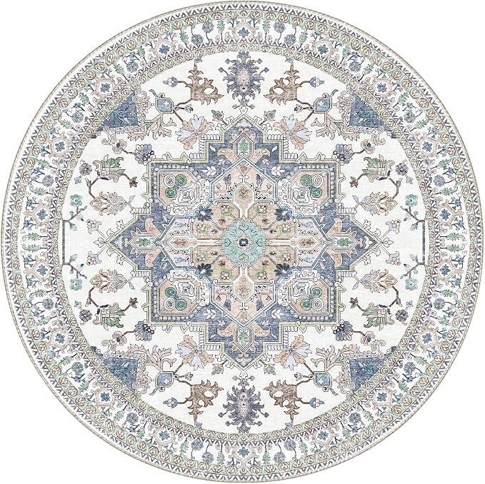 OPPODREAM Soft Round Rug 4ft, Washable Circle Rug 4ft with Non Slip Backing Play Room, Low-Pile Carpet 4 ft, Small Faux Cashmere Throw Carpet, Purple & Green & Cream