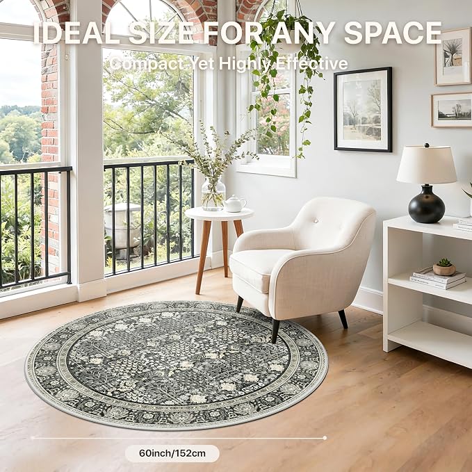 Bavni Round Rug 5FT-Machine Washable Area Rugs Non-Slip for Bedroom, 5x5 Vintage Floral Rug Distressed Throw Carpet for Living Room Nursery Kitchen Bathroom, Black