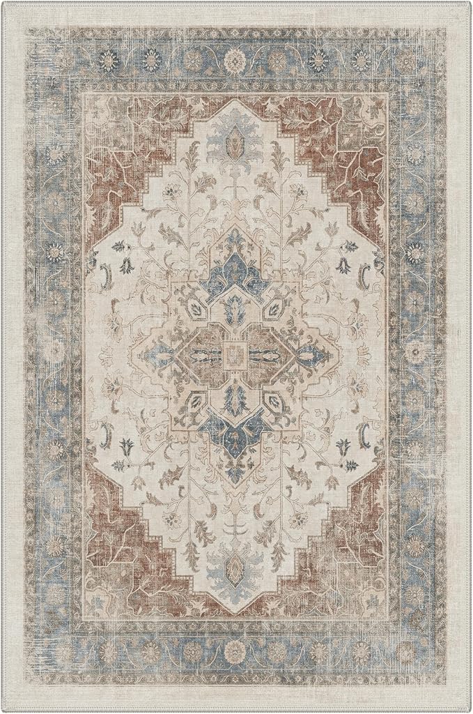 GENIMO 2x3 Rug Machine Washable Low Pile Indoor Entryway Mat for Kitchen Entrance Front Door Bathroom with Non Slip Backing Floral Medallion Dusty Beige