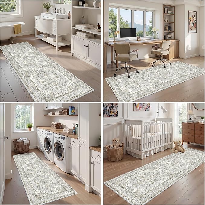 Runner Rug 2'x8' Washable Vintage Area Rugs for Hallway Non Slip Laundry Rug Runner Boho Floor Carpet Runners for Entryway Laundry Room Kitchen Bathroom (2'x8',Blue&Beige)