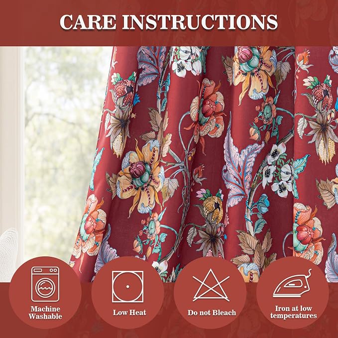 MYSKY HOME Floral Blackout Bedroom Curtains 45 Inch Length Black Out Thermal Insulated Room Darkening Curtain Printed Flower Vintage Style Grommet Window Panels, Pack-2, Terracotta