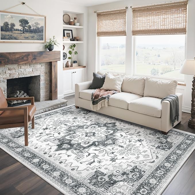 befbee Washable Area Rug 5x7, Area Rugs Stain Resistant Neutral Washable Rugs for Living Rooms Bedroom Vintage Non-Slip Thin Large Size Area Rug(Grey)