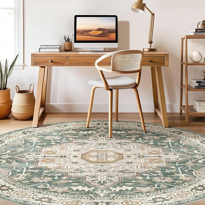 Round Rug Living Room Rugs: 8x8 Washable Boho Neutral Large Circle Soft Indoor Distressed Stain Resistant Floor Farmhouse Carpet for Bedroom Nursery Kids Playroom Office Dining Room Dorm- Green