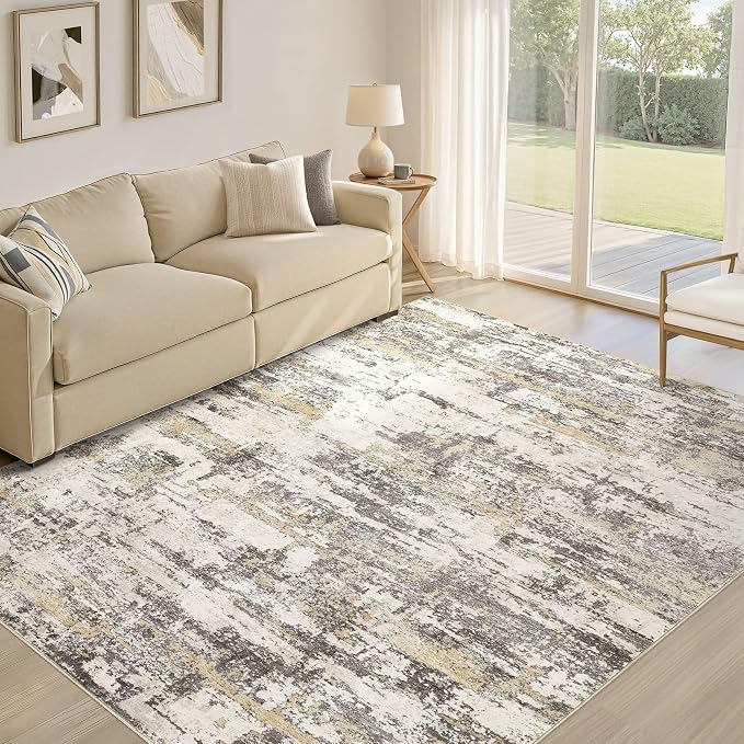 Area Rugs for Living Room: 10x13 Abstract Washable Rug Modern Neutral Large Soft Stain Resistant Non-Slip Backing Machine Table for Bedroom Dining Room Indoor Home Office Carpet - Gold Brown