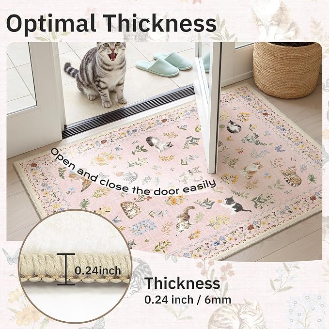 Soalmost Cat 8x10 Pink Area Rugs for Baby Girl Nursery, Washable Animal Floral Vintage Rug Non-Slip Low Pile Soft Throw Rugs for Living Room Dining Room Bedroom Playroom Classroom (8 x 10,Pink)
