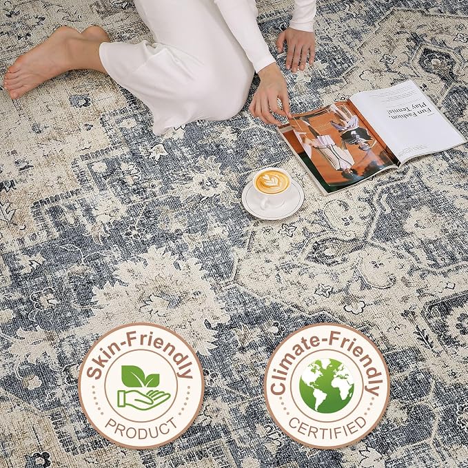 9x12 Area Rug Living Room: Washable Boho Large Neutral Vintage Soft Rugs Stain Resistant Distressed Farmhouse Non-Slip Indoor Floor Carpet for Bedroom Nursery Kids Office Dining Room- Brown Blue