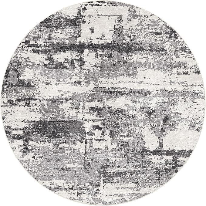 8ft Round Area Rugs for Living Room: 8x8 Abstract Washable Rug Modern Large Soft Stain Resistant Non-Slip Backing Machine Table for Bedroom Dining Room Indoor Home Office Carpet - Black Grey