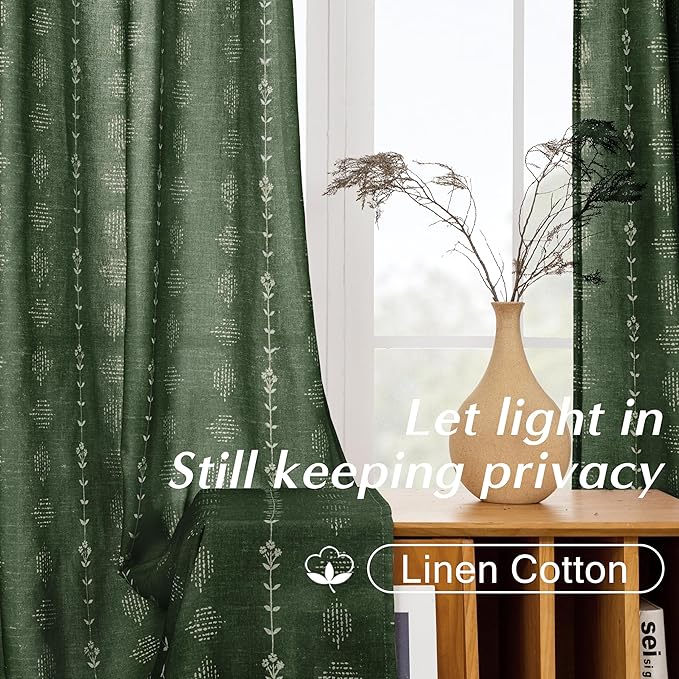 Dark Olive Green Linen Curtains 96 Inches Long 2 Panel Set, Floor to Ceiling Boho Striped Light Filtering Semi Sheer Drapes for Bedroom Living Room
