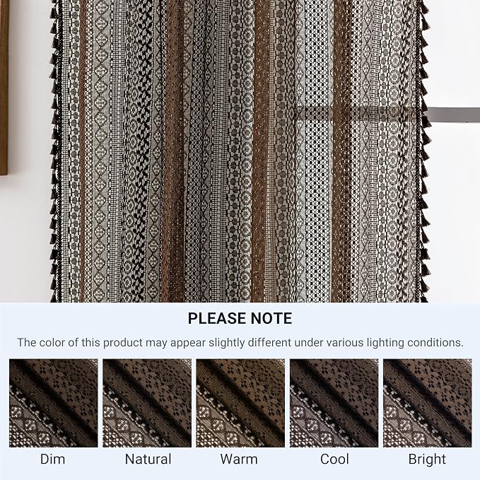 WAZZIO Boho Lace Curtains 63 Inches 2 Panel,Light Filtering Privacy Tassel & Geometry Crochet Semi Sheer Curtain Drapes for Bedroom Living Dining Room,Rod Pocket & Tassel,Chocolate Brown