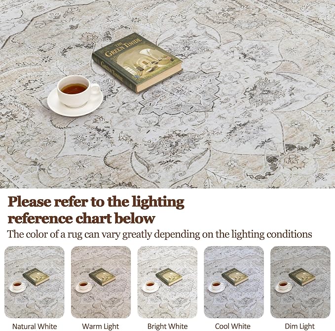 9x12 Area Rugs for Living Room:Beige Washable Vintage Medallion Carpet Non-Slip Soft Low Pile Large Rugs Indoor Retro Rug for Bedroom Nursery Dining Table Office Home(Beige White, 9'x12')