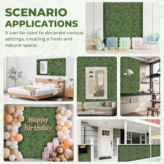 Artificial 10"x10" (12 Pieces) Boxwood Grass Wall Panels Screen | UV-Anti Faux Green Leaf Privacy Fence, Garden/Backyard/Patio/Balcony/Party Greenery Hedge Backdrop, Indoor Outdoor Decor