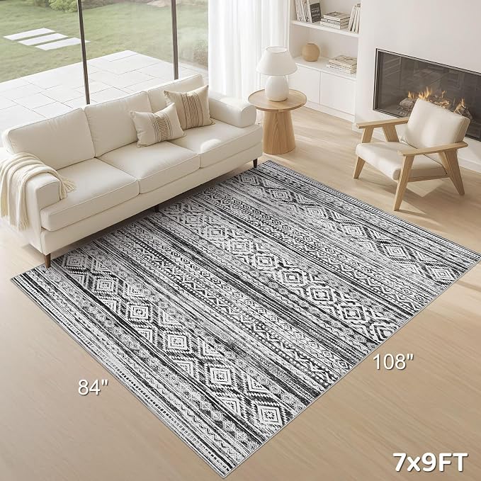 cotiled 7x9 Area Rugs Living Room Rug: Washable Boho Rugs with Non Slip Backing Large Soft Indoor Stain Resistant Carpet for Bedroom Farmhouse Dining Room Lightweight Home Decor White/Black