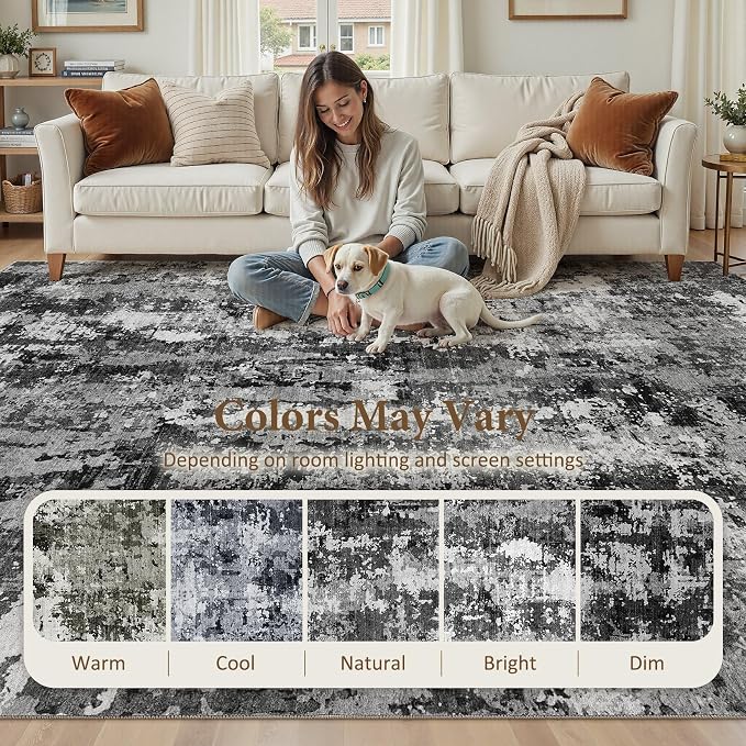 8x10 Area Rug Living Room Rugs: Washable Large Soft Abstract Modern Neutral Rug Stain Resistant & Non-Slip Low-Pile Carpet for Bedroom Dining Nursery Home Office Room Decor - Black