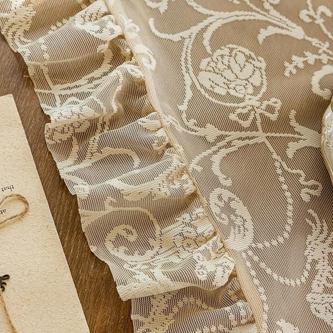 TUDECO Beige Floral Curtains 108 Inches Long - Fancy Lace Sheer Curtains for Dining Room, 60s 70s Retro Flower Ruffle Privacy Embroidered Extra Long Window Treatment Spring Summer Decor, 59 x 108 Inch