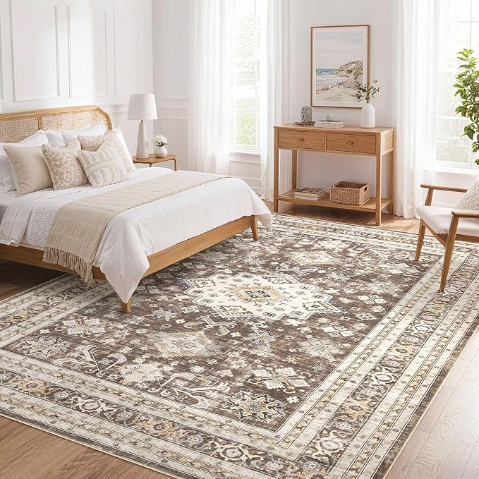 Vintage Living Room Area Rug 10x13 - Large Soft Washable Oriental Traditional Distressed Farmhouse Rugs for Bedroom - Indoor Floor Accent Carpet for Home Office House Decor - Dark Brown