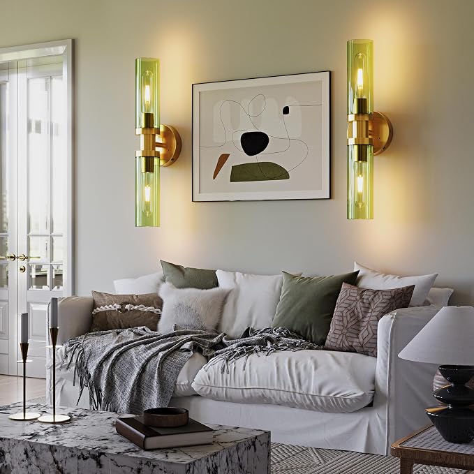 Rayogale Gold Wireless Battery Operated Wall Sconce with Remote Control | Dimmable Rechargeable Wall Lights Set of 2, Timer, No Hardwire, Touch, 8000mAh, 3000K, Green Glass, Emergency, 16.5 Inch