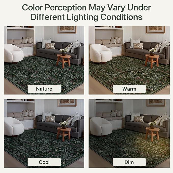 GENIMO 5x7 Area Rug for Living Room, Washable Vintage Floral Low-Pile Non-Slip Carpet for Bedroom Dining Room, Stain Resistant Botanical Accent Rug (Dark Green)