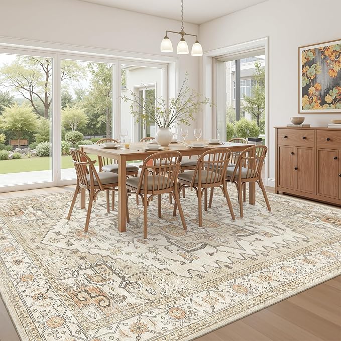 befbee Washable Rugs 10x14 Area Rugs for Living Room,Rugs for Bedroom,Ultra Soft Living Room Bedroom Large Carpe,Low Pile Vintage Print Rug for Home Office Decor (10'x 14',Gold)