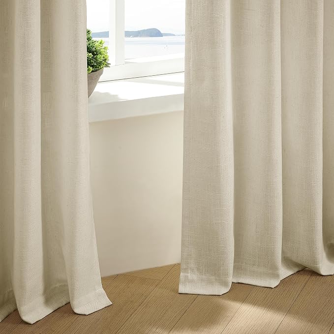 TWODRAPES Neutral Linen Pinch Pleated Curtains Long 2 Panels Living Room Bedroom Memory Training Shaped Semi Sheer Beige Oatmeal Pleat Drapes with Hooks Rings Light Filtering Window Curtain 40x84