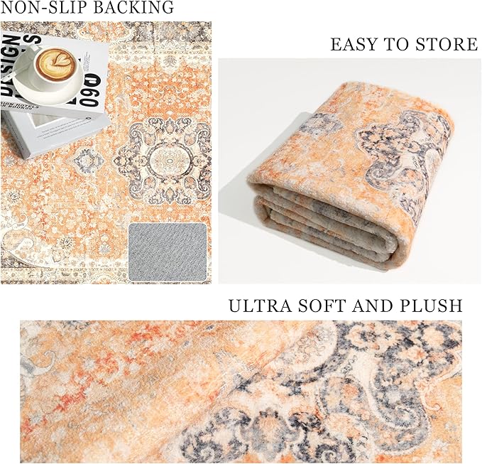 8x10 Area Rugs Washable,Boho Rug for Living Room Bedroom Dining Room,Large Vintage Bohemian Farnhouse Distressed Carpet Non Slip,Retro Orange Grey Floral