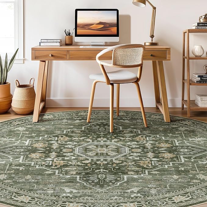 Round Rug Living Room Rugs: 7x7 Washable Boho Neutral Large Circle Soft Indoor Floral Stain Resistant Floor Farmhouse Carpet for Bedroom Nursery Kids Playroom Office Dining Room- Dark Green