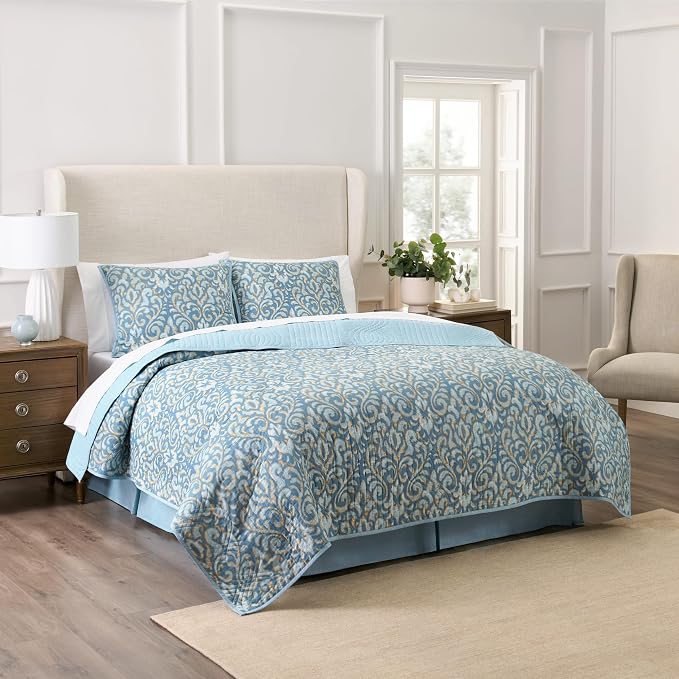 Waverly Kensington 4-Piece Quilt Set – Full/Queen - 100% Cotton Bedding in Aquamarine with Bed Skirt & Shams