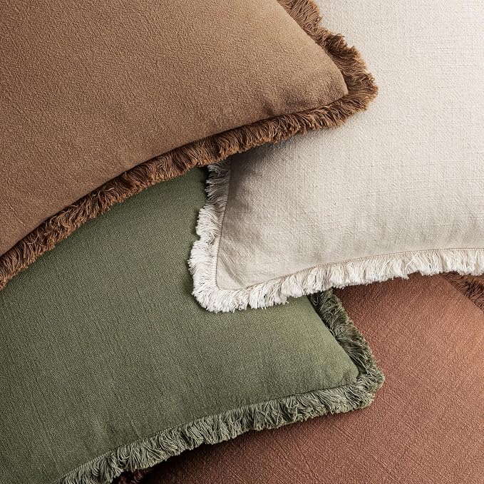 MIULEE Decorative Couch Pillow Covers Neutral Linen Fringe Throw Pillows Set of 4 Soft Rustic Cushions Boho Farmhouse Pillowcases for Bed Sofa Living Room Spring Decor 20x20 Inch Beige/Brown/Green