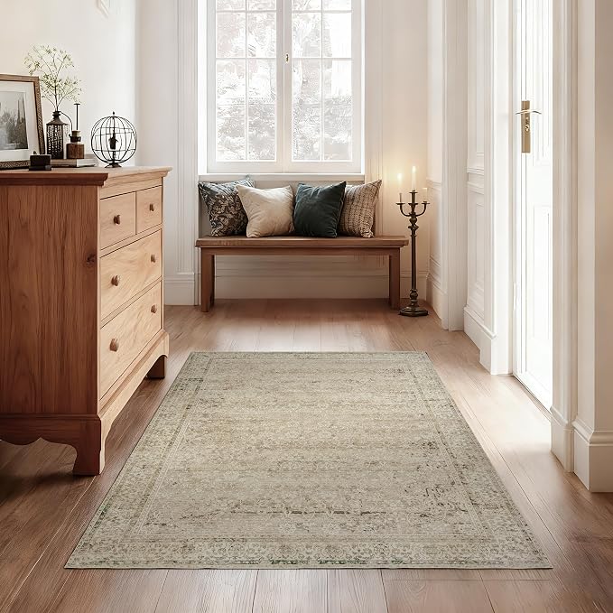 3x5 Small Entryway Area Rug Indoor for Front Door Entry Way,Washable Non Slip Ultra Thin Modern Farmhouse Neutral Boho Door Mat Entrance,Tan Brown and Cream Beige