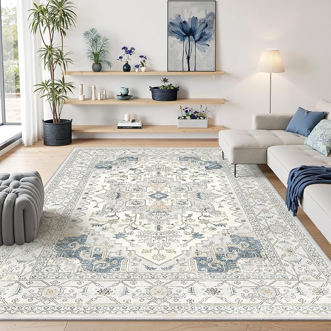 befbee Washable Area Rug 8x10, Area Rugs Stain Resistant Neutral Washable Rugs for Living Rooms Bedroom Vintage Non-Slip Thin Large Size Area Rug(BeigeBlue)
