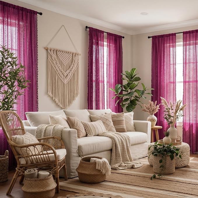 WAZZIO Boho Lace Curtains 84 Inches 2 Panel,Light Filtering Privacy Tassel & Geometry Crochet Semi Sheer Curtain Drapes for Bedroom Living Dining Room,Rod Pocket & Tassel,Burgundy Red