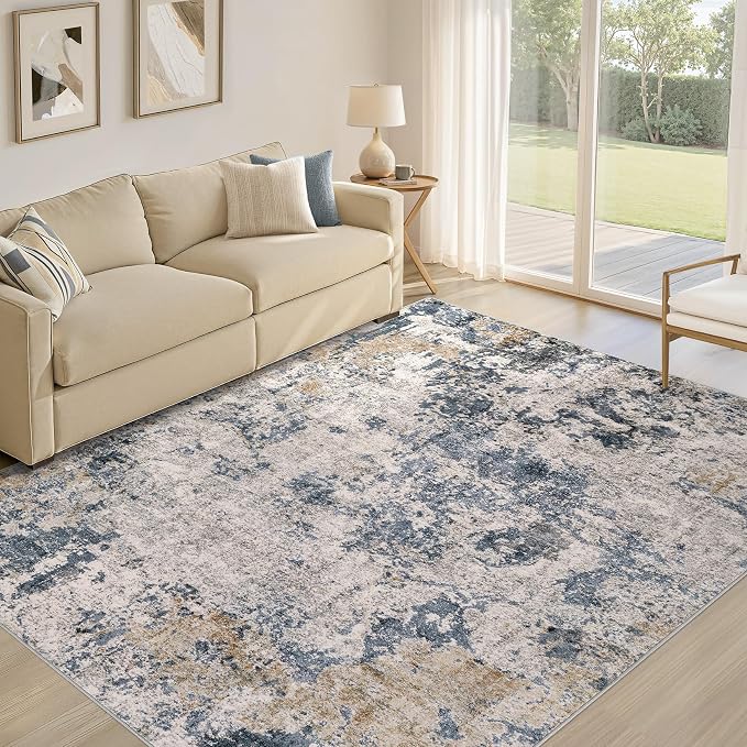 Area Rugs 10x12 Living Room: Washable Large Abstract Modern Neutral Soft Rug Stain Resistant Non-Slip Backing Carpet for Bedroom Dining Room Indoor Home Office Decor - Blue Brown