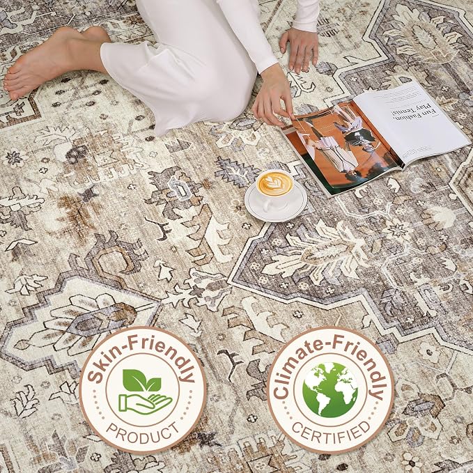 Runner Rug Kitchen Washable Rugs: 2x5 Non-Slip Boho Soft Vintage Stain Resistant Indoor Floor Neutral Farmhouse Throw Carpet for Hallway Bathroom Laundry Room Entryway Bedroom- Brown