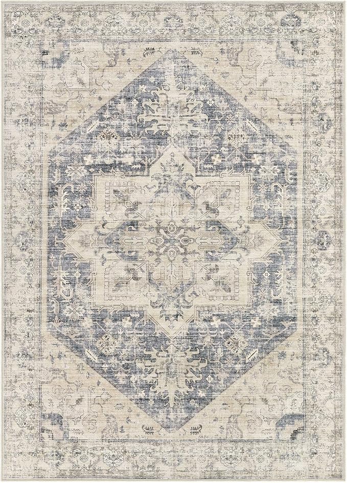 5x7 Area Rugs for Living Room - Large Carpet Ultra Thin Soft Washable Oriental Vintage Floral Distressed Big Indoor Carpets for Bedroom Nursery Dorm Home Decor Aesthetic - Blue Beige