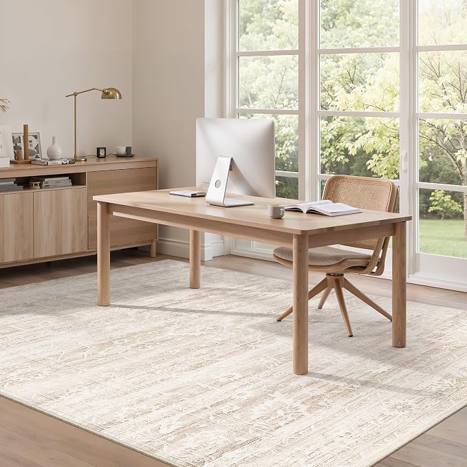 Soalmost 5x7 Area Rugs for Living Room, Washable Neutral Rug Beige Ivory | Vintage Floral Soft Non-Slip Low Pile Thin Throw Large Carpet for Dining Room Bedroom Kitchen Home Office Nursery 5'x7'