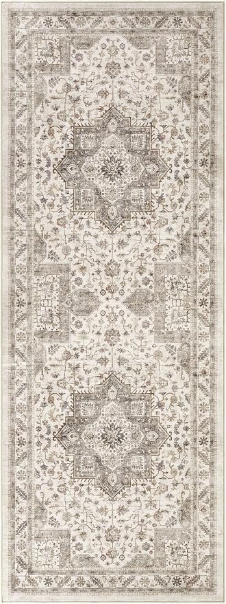 Vintage Hallway Runner Rug 3x8: Large Soft Washable Entryway for Kitchen Laundry Room Non-Slip Backing Runner for Entrance Living Room Bedroom Bathroom - Light Brown