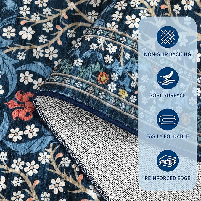 GarveeHome Floral Hallway Runner Rug, 2.5x8 Kitchen Runner Rugs, Washable Non Slip Entryway Rugs Indoor, Ultra-Thin Stain Resistant Carpet Floor Mat for Laundry Room, Dark Blue