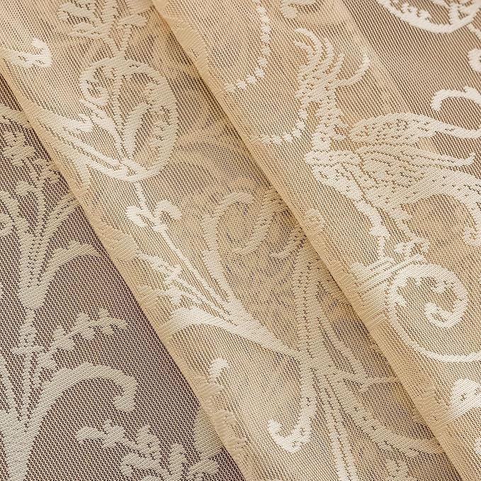 TUDECO Lace Beige Curtains for Bedroom, 80 Inch Length 2 Panels, Cozy Farmhouse Style, Sheer Floral Ruffle Design, Rod Pocket Top, Boho Home Decor, 59W x 80L, Light Beige