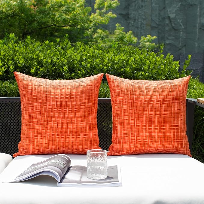 Kevin Textile Outdoor Waterproof Throw Pillow Covers 26x26 Inch Pack of 2 Woven Faux Linen Farmhouse Decorative Euro Shams Water Resistant Cushion Covers for Tent Patio Garden Couch Sofa Orange