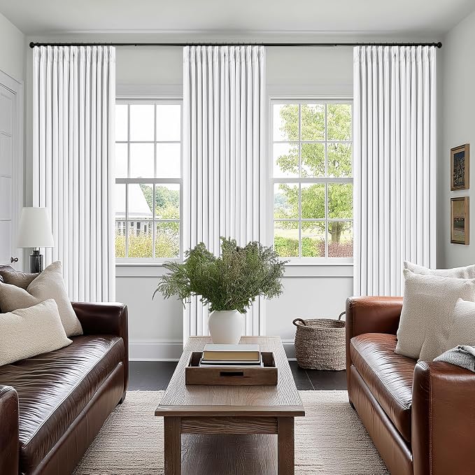 Snow White Pleated Linen Blackout Curtains 84 Inches Long for Bedroom Living Room Pinch Pleat Black Out Thermal Insulated Ring Hooks Back Tab Room Darkening Elegant Drapes Window Curtains with Liner