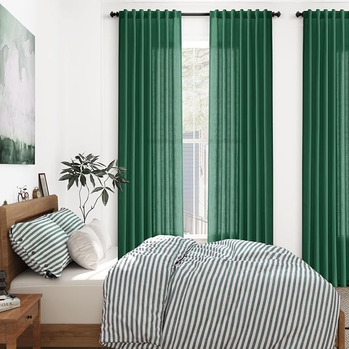Nanspring Dark Green Linen Curtains 96 Inches Long 2 Panels Set for Living Room Rod Pocket Back Tab Semi Sheer Light Filtering Protect Privacy Emerald Green Curtain for Bedroom Floor Length 52x96