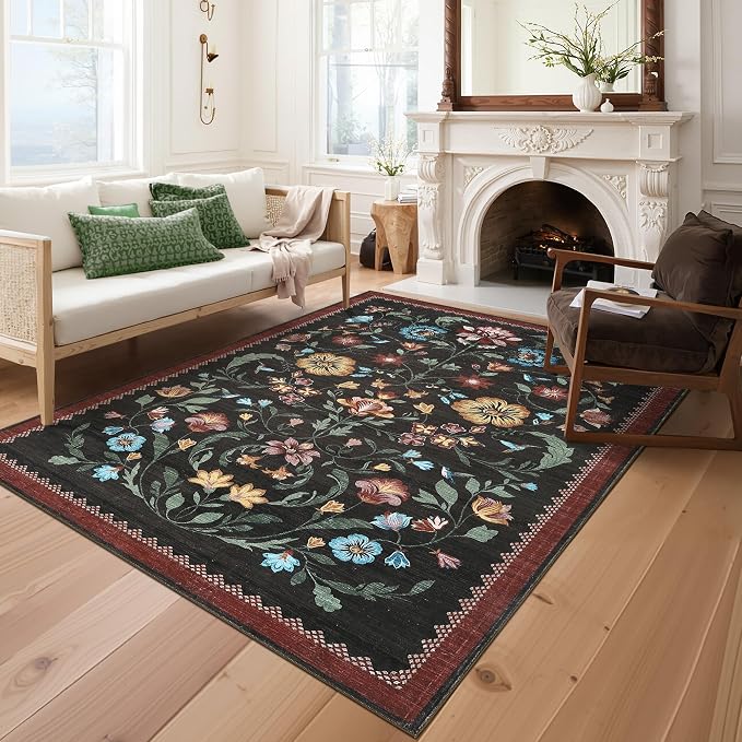 GarveeHome Washable Rug 8x10 Area Rugs for Living Room, Floral Rug for Bedroom, Soft Vintage Non Slip Throw Rugs with Rubber Back, Low Pile Stain Resistant Boho Floral Carpet for Dining Room, Red