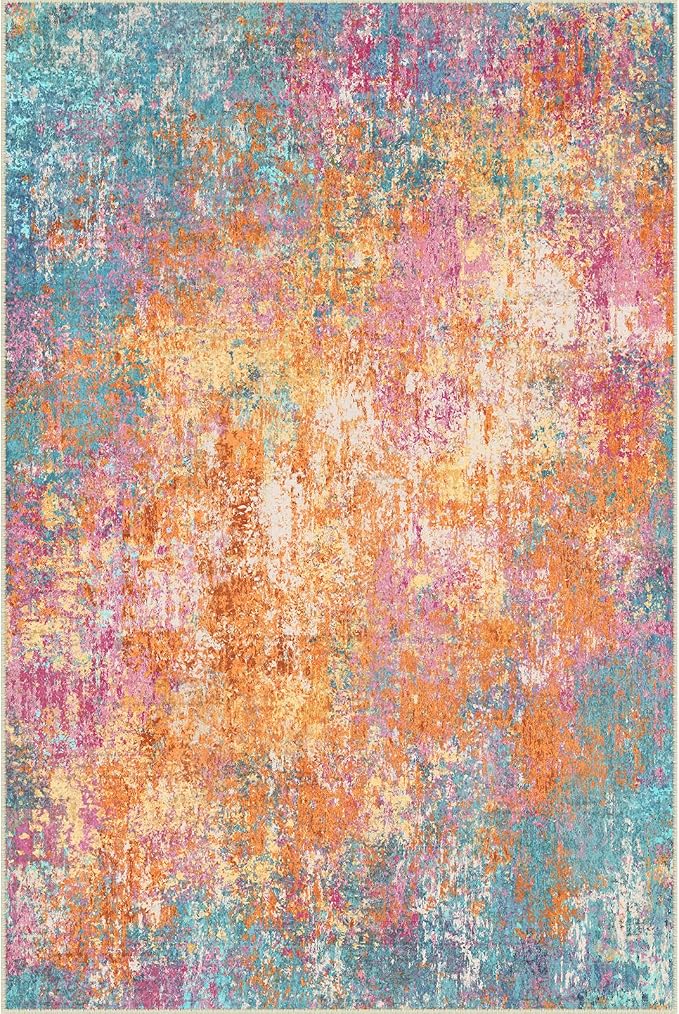 RELEANY Washable Area Rugs 9'x12' Non-Slip Modern Abstract Soft for Living Room Entryway Bedroom Kitchen, Print Pattern, Orange Blue Pink Yellow Colorful