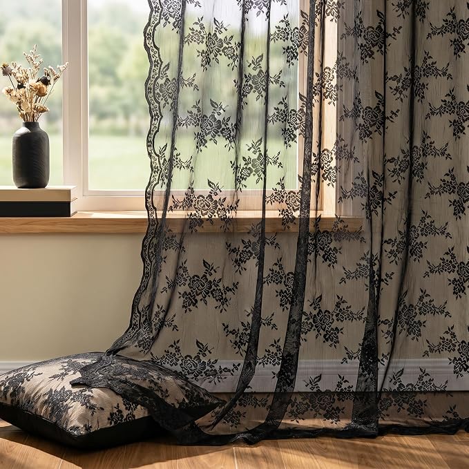 MEETSKY Black Lace Curtains 90 Inches Long 2 Panels Set, Black Sheer Gothic Curtains Vintage Floral Light Filtering Curtain for Living Room Bedroom, Each Panel 50" W x 90" L #2 Black